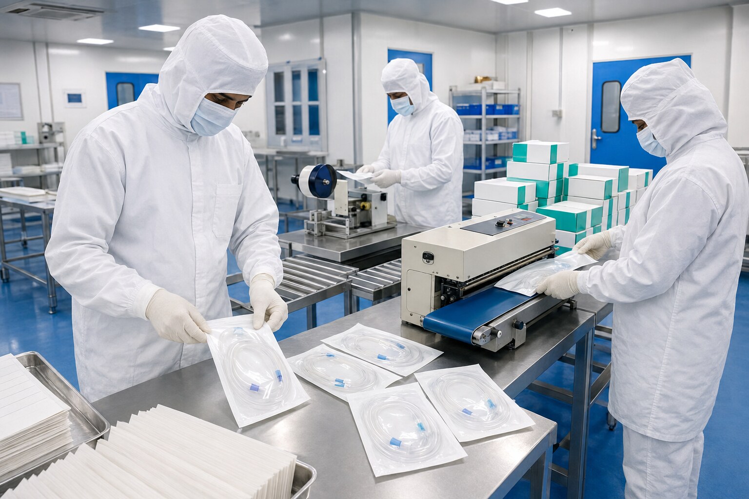 Medical devices being packaged in a controlled production area